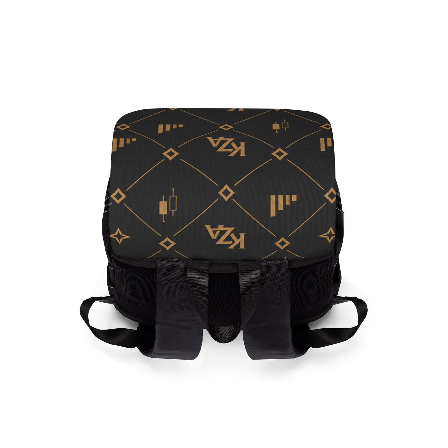 KZA Signature Monogrammed Black & Gold Canvas Backpack — KZA Pattern Shoulder Bag